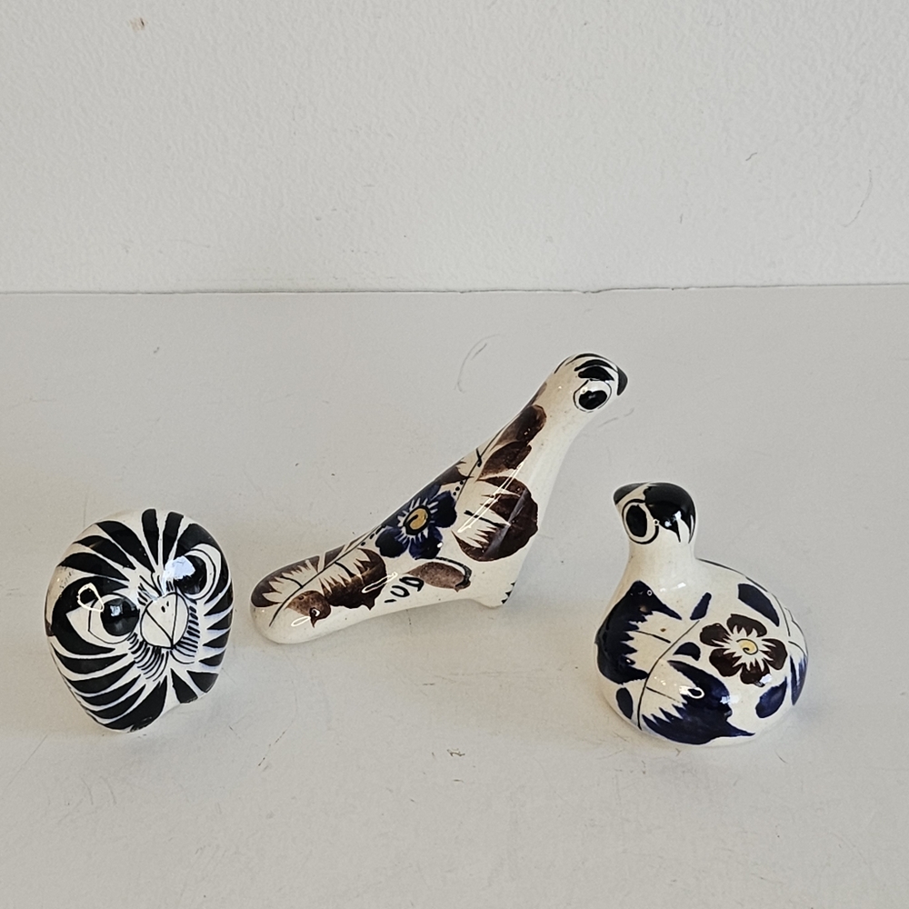 Tonala Ceramic Birds Owl Lot Of 3 Miniatures Signed Hand Painted Mexican Art